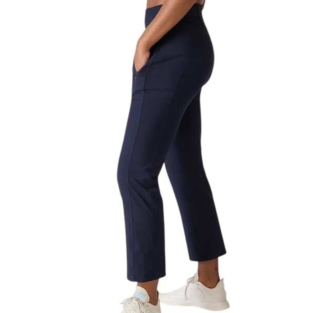 Athleta Fairway Golf Pant Womens 4 Navy Zip Pockets Elastic Waist Logo